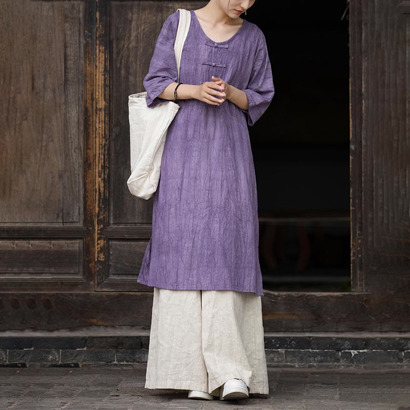 Ramie Linen Tie-Dye Frog-Button Meditation Midi Dress & Wide-Leg Pants Set