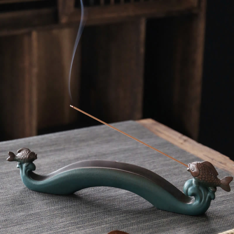 Handcrafted Mountain & Koi Fish Ceramic Stick Incense Burner for Meditation