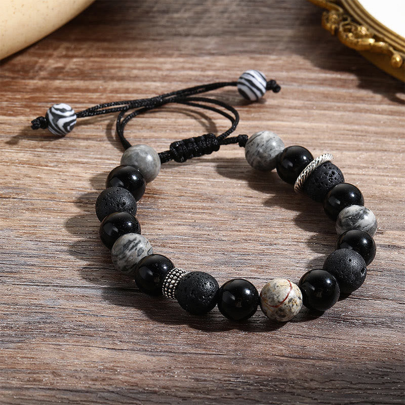 Vintage Lava Rock Black Obsidian Picasso Jasper Beads Support Rope Bracelet