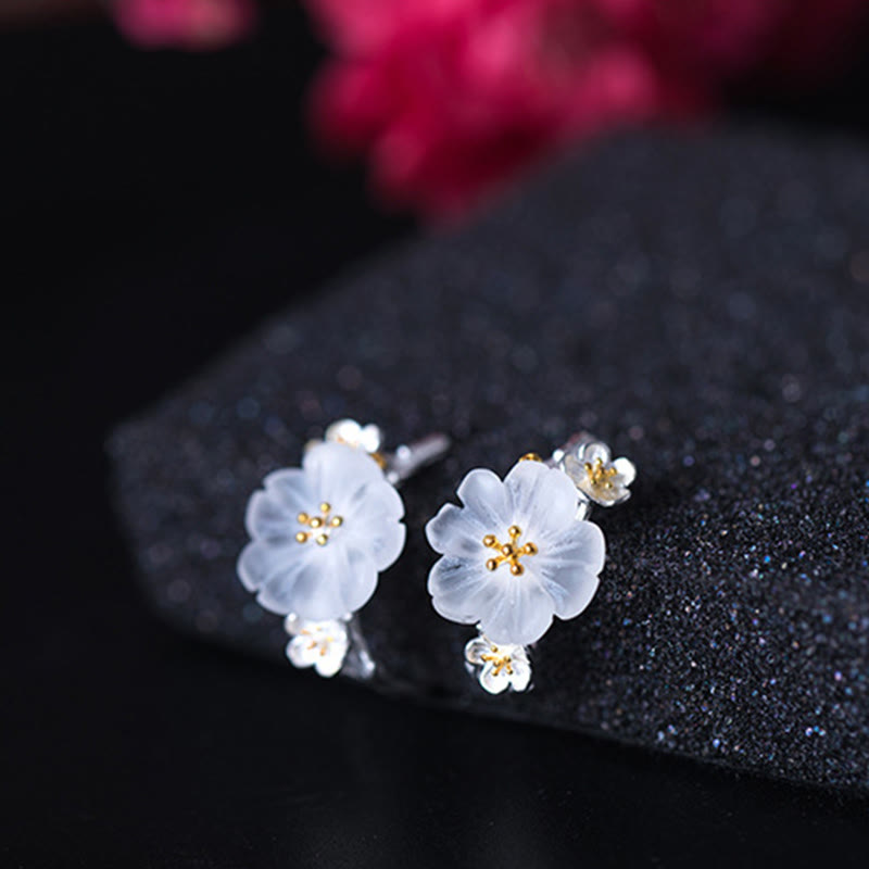 925 Sterling Silver Plum Blossom Floral Clear Quartz Earrings