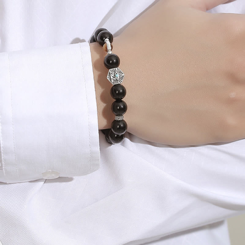 925 Sterling Silver Black Obsidian Tiger Eye Eye of Providence Purification Bracelet