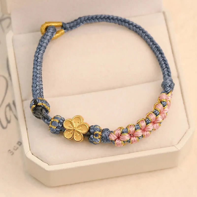 Handcrafted Red String Bracelet with Gold-Toned Copper Peach Blossom Charm