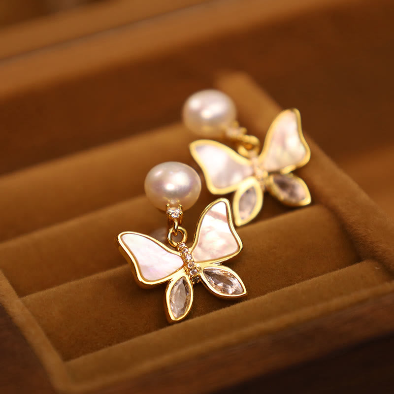 18K Gold Plated Copper Natural Shell Pearl Butterfly Sincerity Stud Earrings