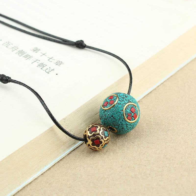 Tibetan Turquoise Double Bead Protection Strength Necklace Pendant