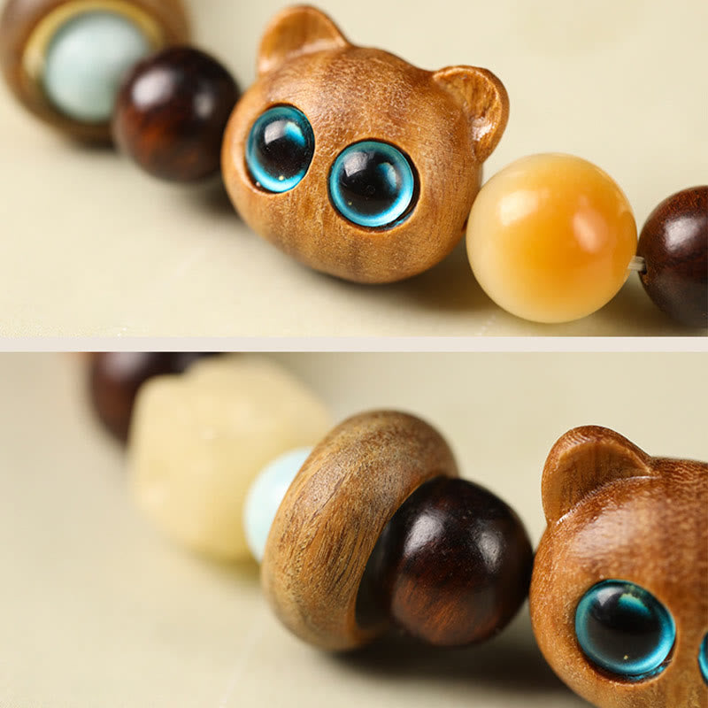 Natural Bodhi Seed Sandalwood Lucky Cute Cat Head Paw Claw Peace Bracelet