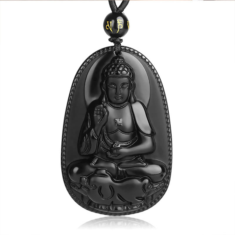 Chinese Zodiac Natal Buddha Natural Black Obsidian Purification Necklace Pendant