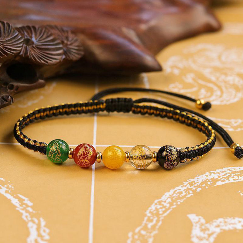 Handmade Five Directions Agate & Onyx Gold Copper Braided Red String Bracelet