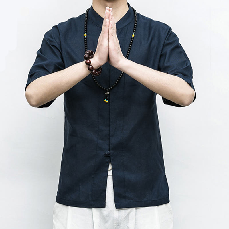 Chinese Frog-Button Tang Suit Zen Half Sleeve Shirt Linen Men Clothing