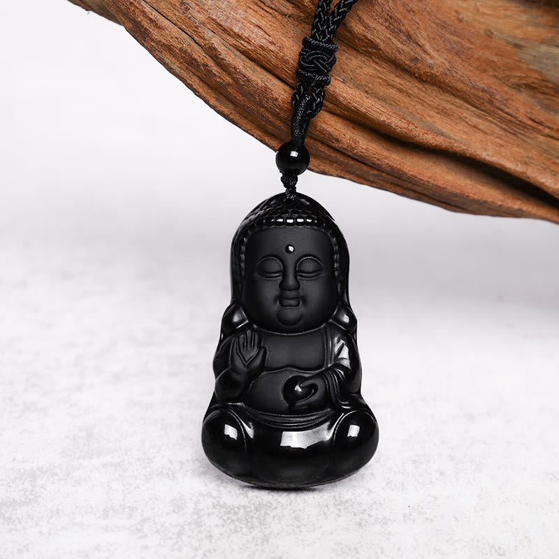Natural Black Obsidian Crystal Buddha Strength Protection Amulet Lucky Charm Pendant Necklace