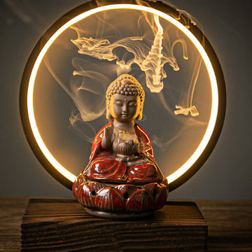 Handcrafted Ceramic Buddha Lotus Backflow Smoke Fountain Incense Burner with Light for Meditation & Yoga