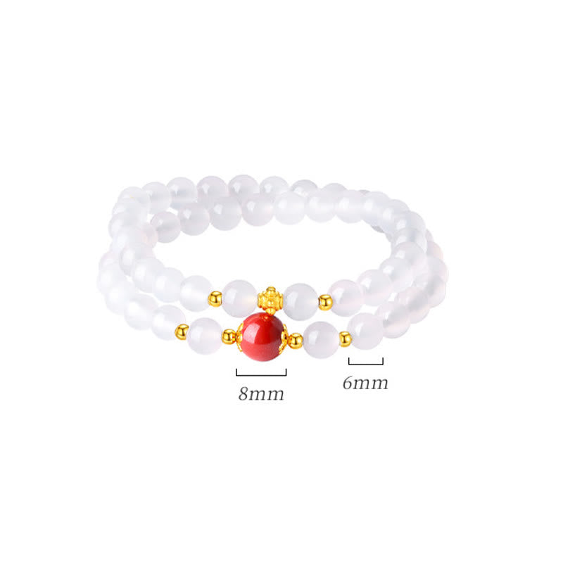 Natural White Agate and Cinnabar 925 Sterling Silver Double Wrap Bracelet