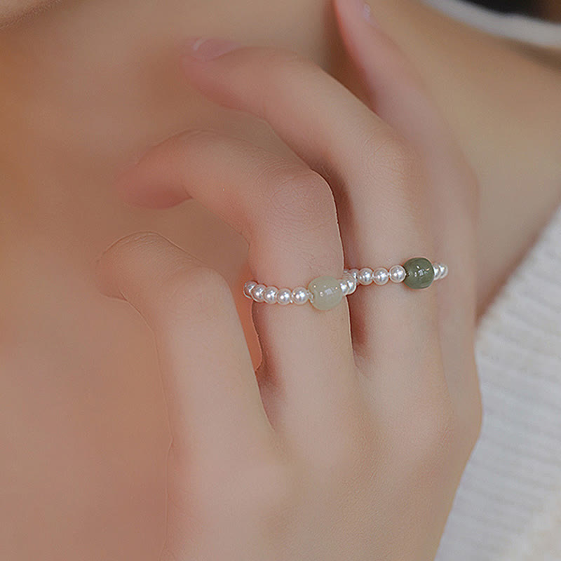 Natural Round Jade and Pearl Beaded Minimalist Ring