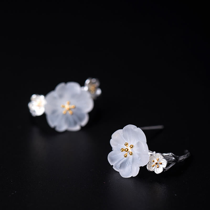 925 Sterling Silver Plum Blossom Floral Clear Quartz Earrings