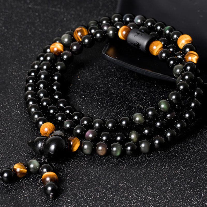 Natural Black Obsidian Rainbow Obsidian Gourd Blessing Bracelet Mala