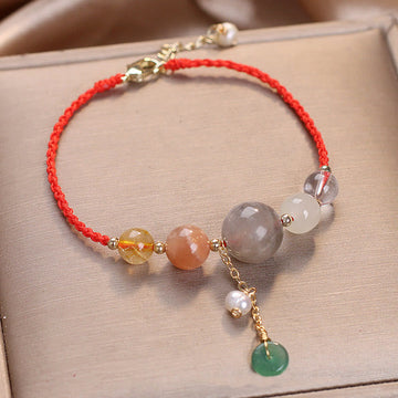 Multi-Gemstone Rope Bracelet with Moonstone, Sunstone, Hetian Jade & Ping An Kou Charm