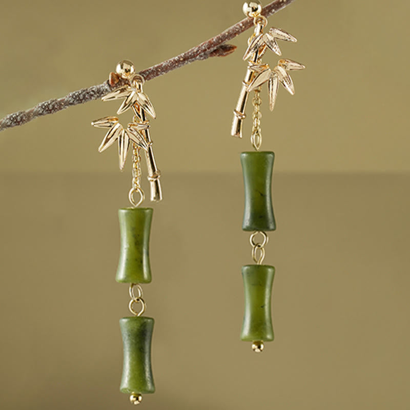 925 Sterling Silver Posts Copper Plated Gold Natural Peridot Bamboo Leaf Drop Earrings