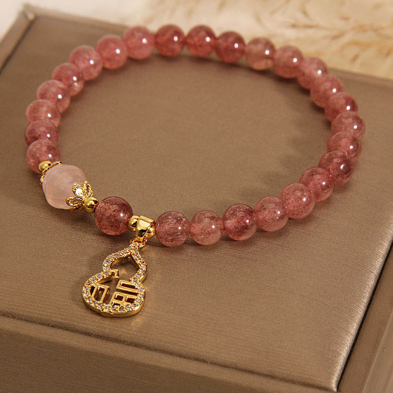 Strawberry Quartz Gourd Fu Character Charm Positive Bracelet