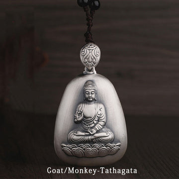 999 Sterling Silver Chinese Zodiac Natal Buddha Heart Sutra Engraved Protection Necklace Pendant