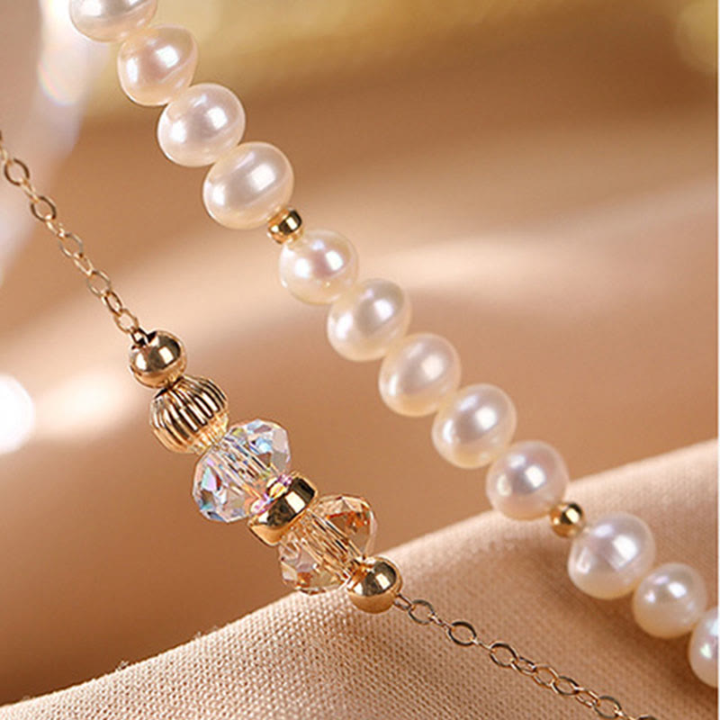 925 Sterling Silver Plated 14k Gold Natural Pearl Crystal Healing Double Layer Bracelet
