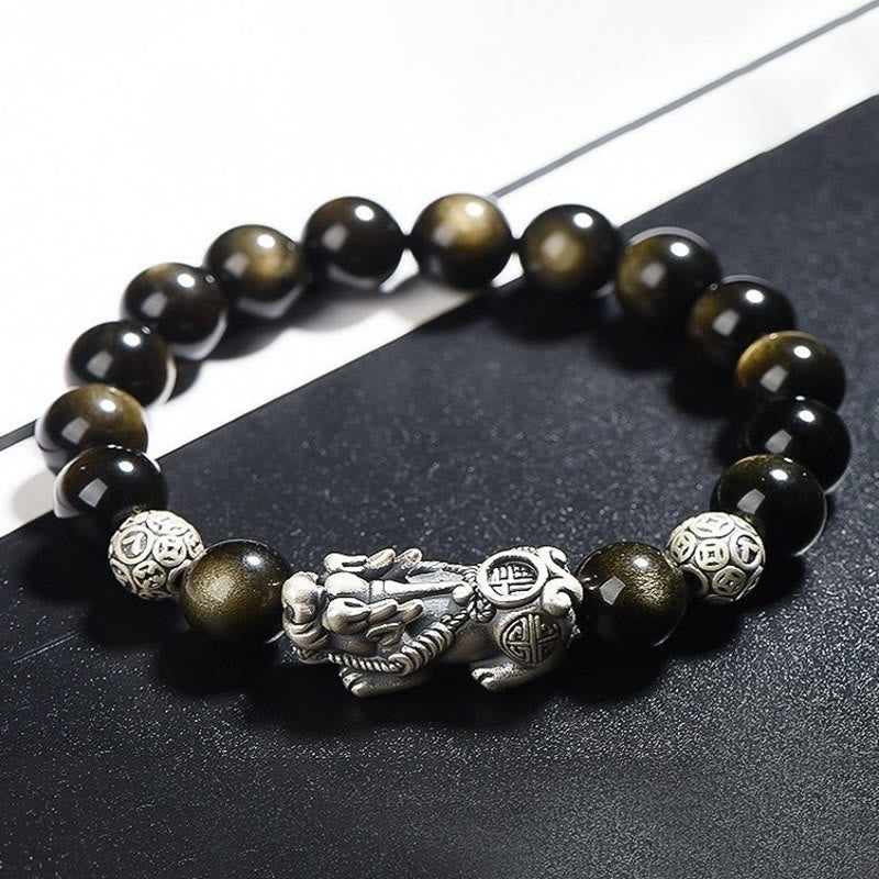 925 Sterling Silver Natural Gold Sheen Obsidian PiXiu Wealth Protection Bracelet