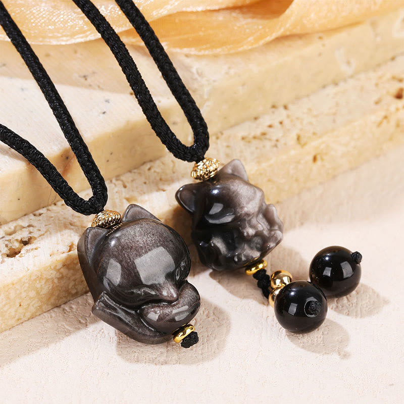 Natural Silver Sheen Obsidian Nine Tailed Fox Protection Necklace Pendant