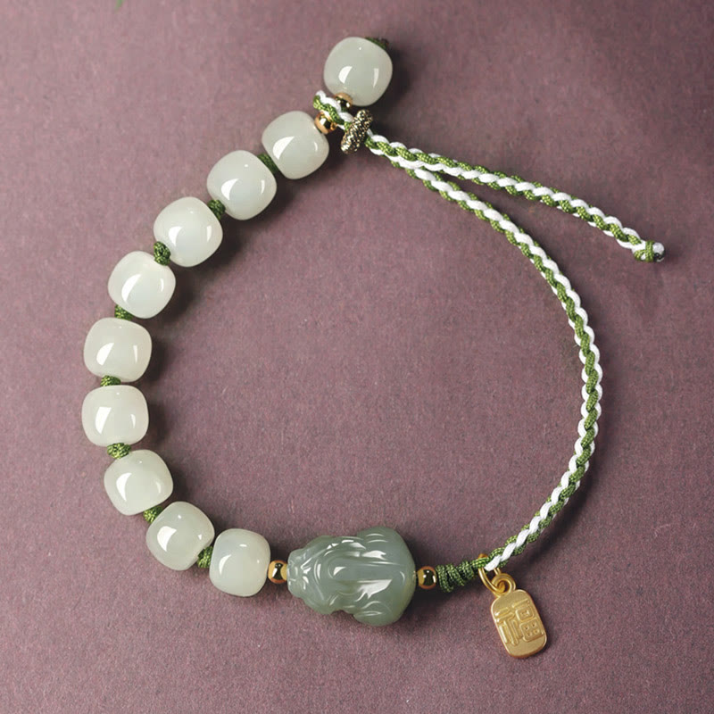 Handcrafted Natural Hetian Jade Pixiu & Fu Character String Bracelet