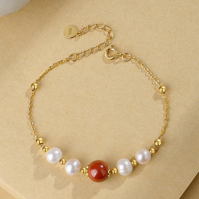 925 Sterling Silver Cinnabar and Pearl Bead Chain Adjustable Bracelet