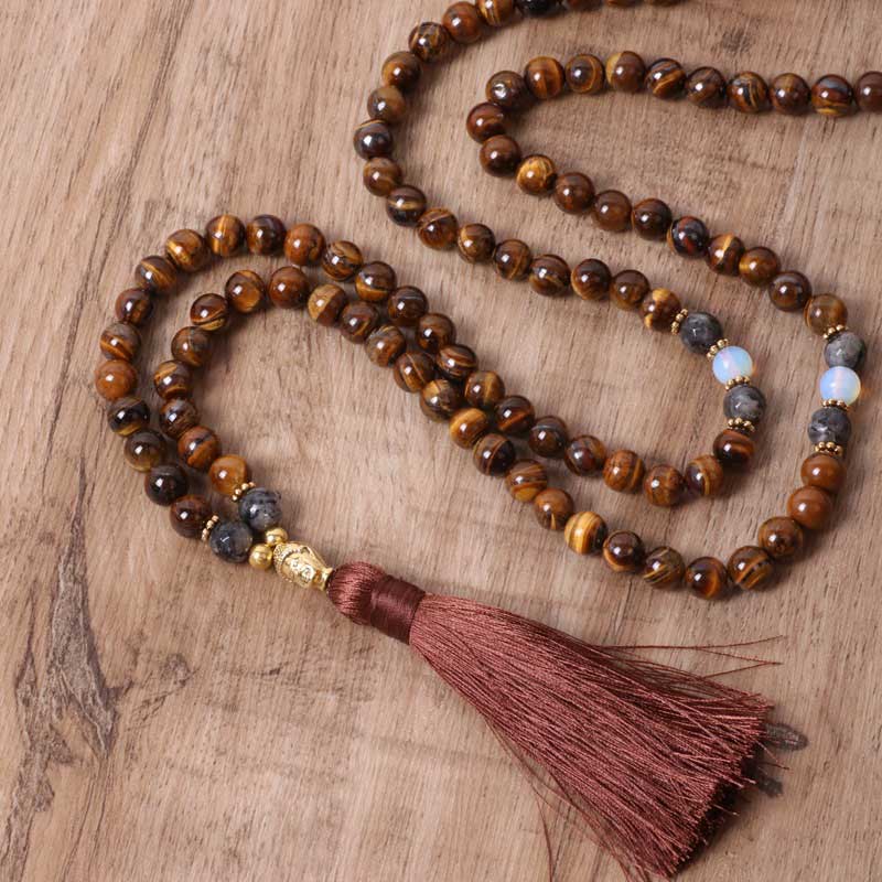 Tibetan Tiger Eye Buddha Strength Power Beaded Tassel Pendant Necklace