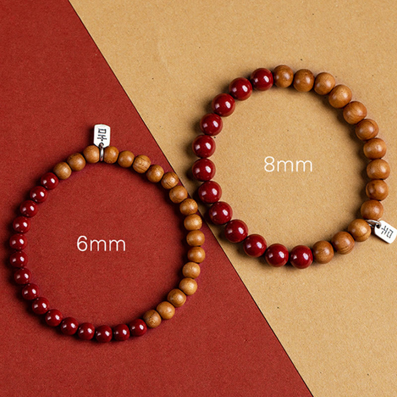 Handmade 925 Sterling Silver Peach Wood and Cinnabar Beaded Stretch Bracelet