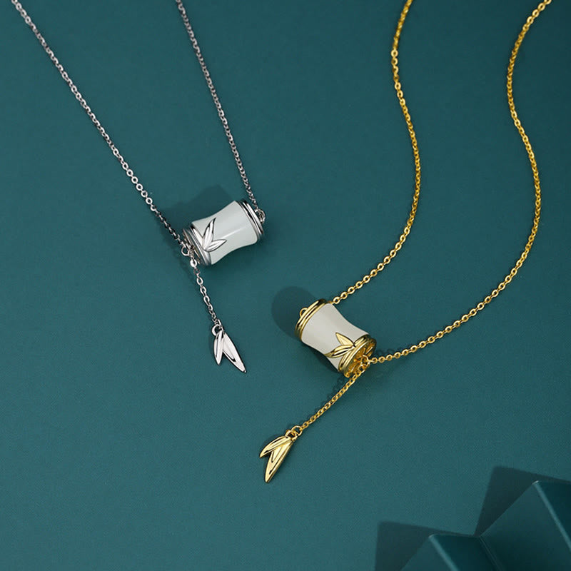 925 Sterling Silver 22K Gold Hetian White Jade Bamboo Leaf Luck Necklace Pendant Bracelet