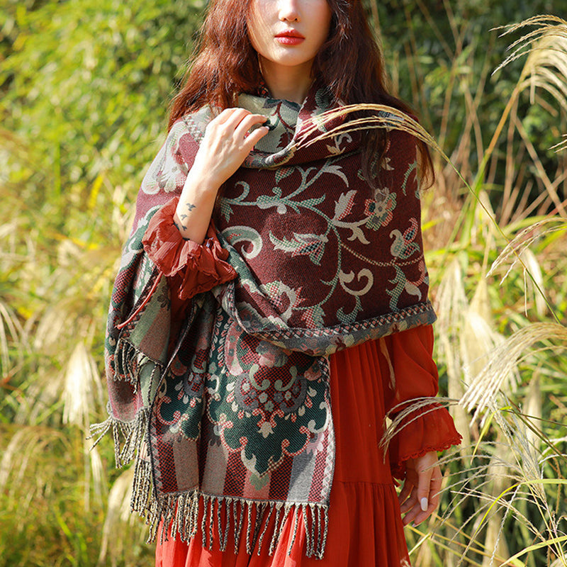 Tibetan Flowers Leaves Branch Design Tassel Shawl Cozy Travel Scarf Wrap