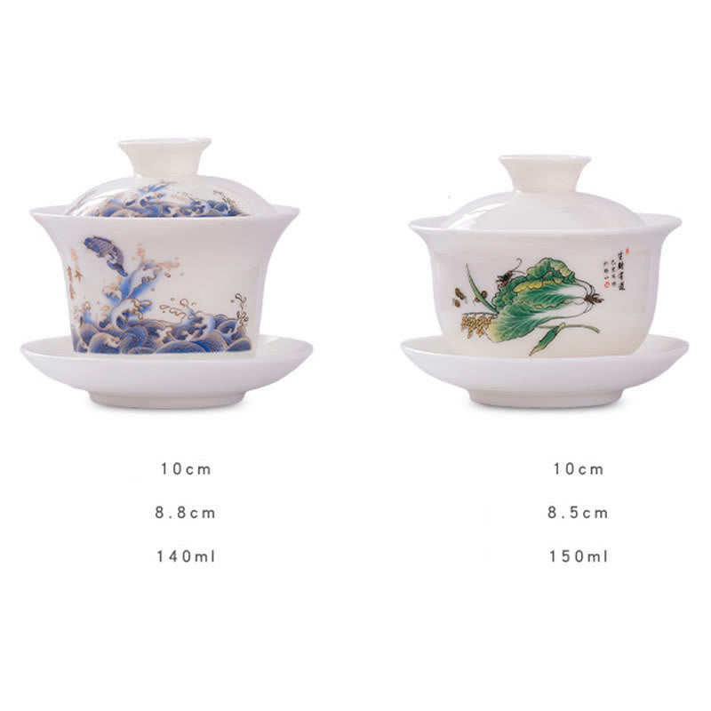 White Porcelain Mountain Landscape Countryside Ceramic Gaiwan Teacup Kung Fu Tea Cup And Saucer With Lid
