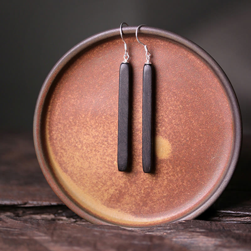 925 Sterling Silver Ebony Wood Texture Balance Peace Drop Dangle Earrings