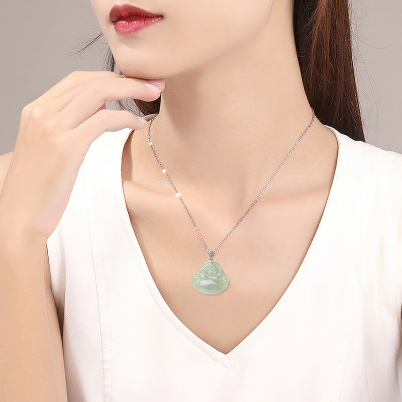 925 Sterling Silver Natural Jade Laughing Buddha Prosperity Abundance Chain Necklace Pendant