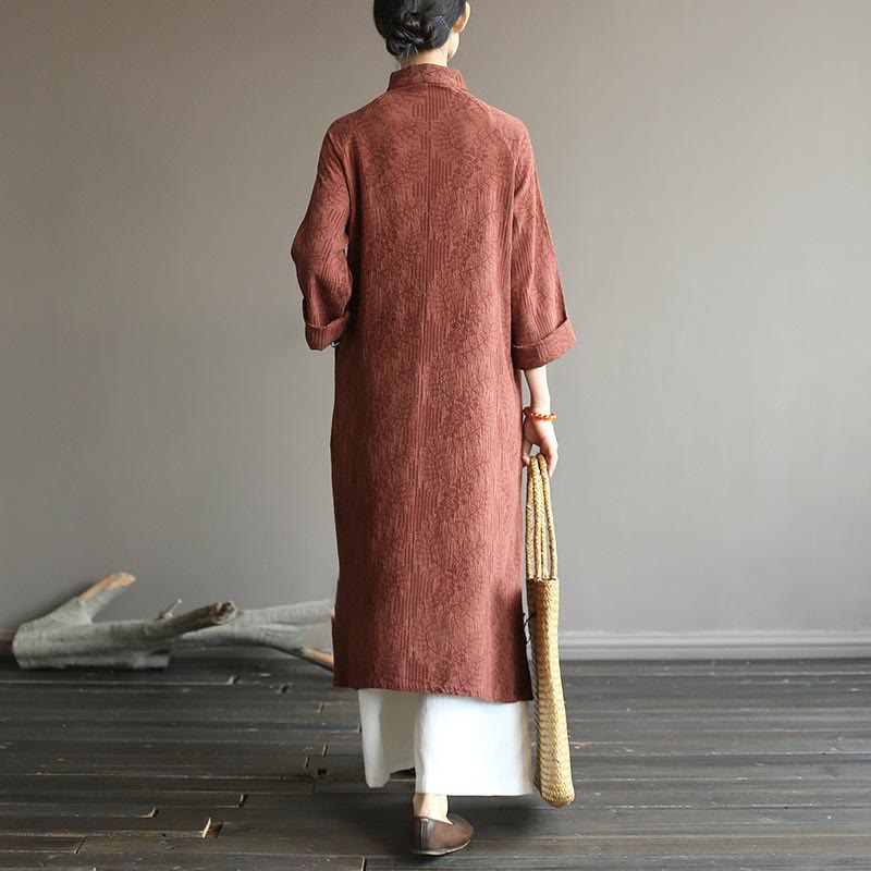 Flower Jacquard Midi Dress Long Sleeve Cotton Linen Dress Wide Leg Pants With Pockets