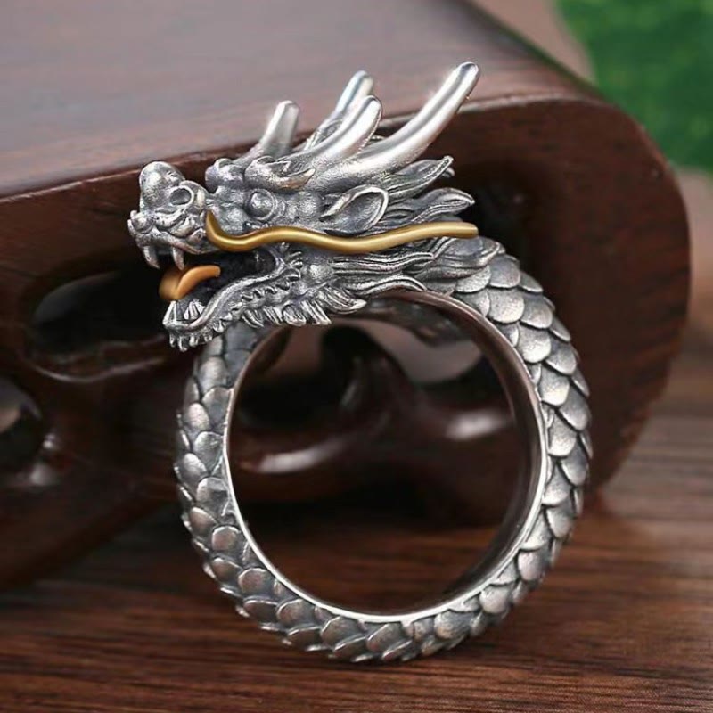 925 Sterling Silver Vintage Dragon Design Protection Strength Adjustable Ring