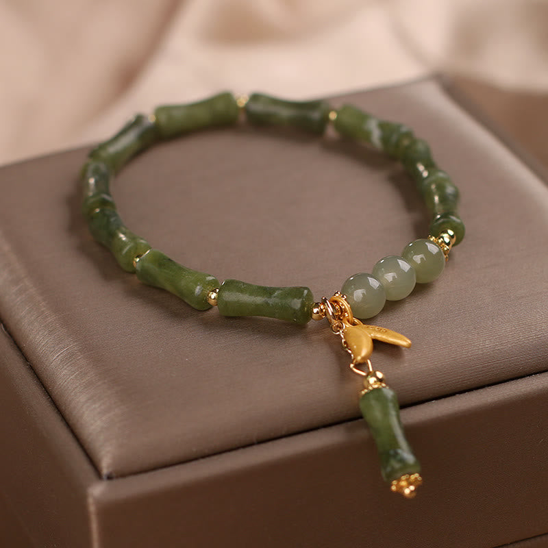 Green Bamboo Jade Leaf Pattern Wealth Luck Bracelet