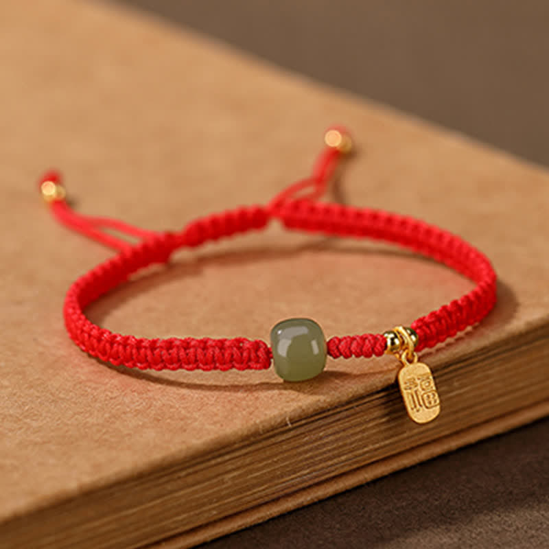 Sterling Silver & Hetian Jade Rabbit Blessing Adjustable Red String Bracelet