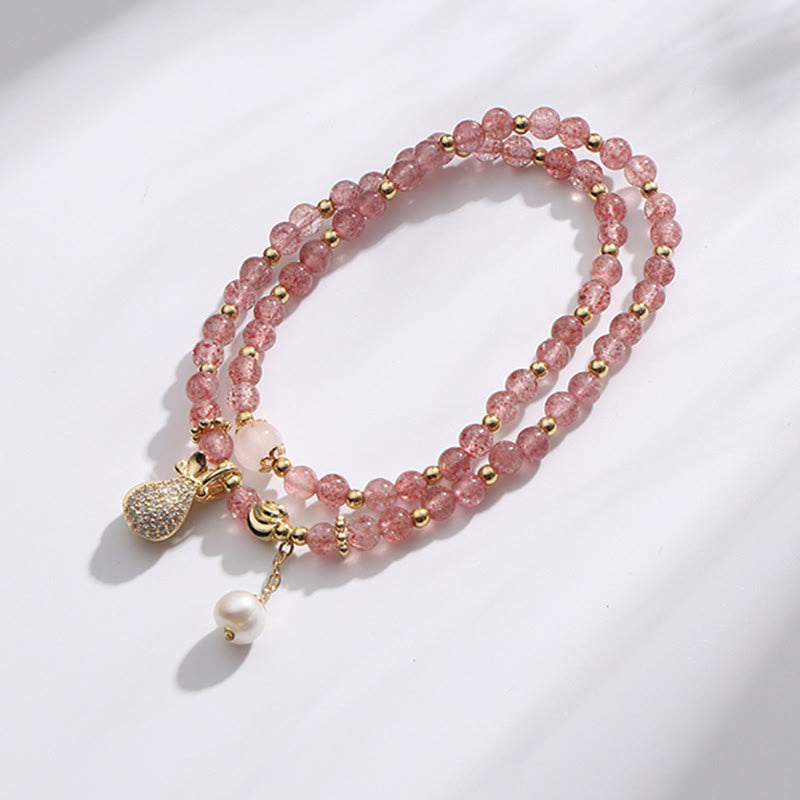 Strawberry Quartz Money Bag Positive Charm Double Wrap Bracelet