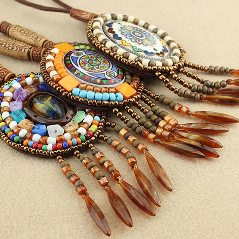 Mandala Pattern Geometric Creativity Pendant Necklace with Colorful Beads