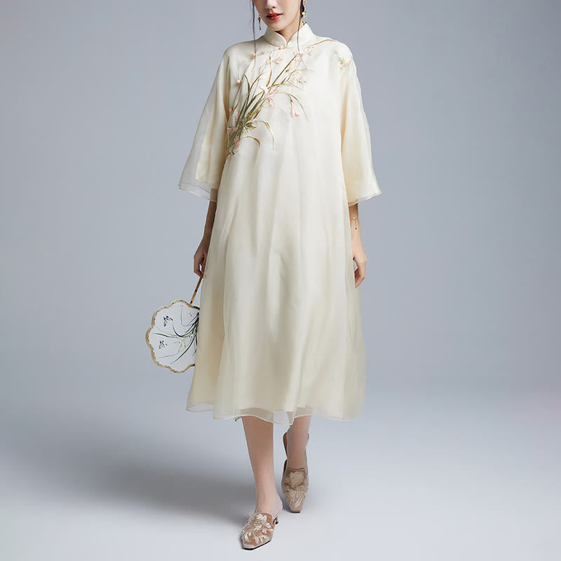 100% Mulberry Silk 6 Momme Dress Vintage Flower Butterfly Embroidery Qipao Dress Women's Cheongsam Dress