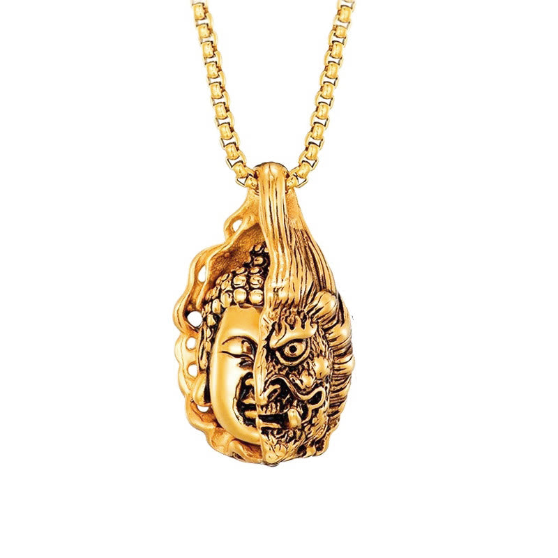 Dualistic Half Buddha Half Devil Titanium Steel Pendant Necklace for Men and Women
