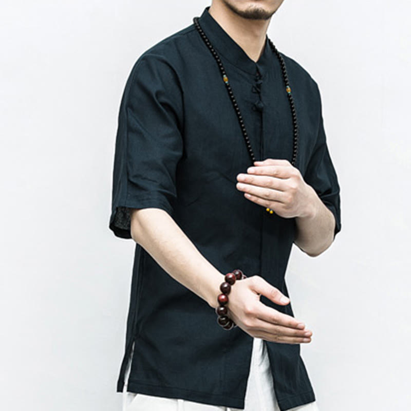Chinese Frog-Button Tang Suit Zen Half Sleeve Shirt Linen Men Clothing