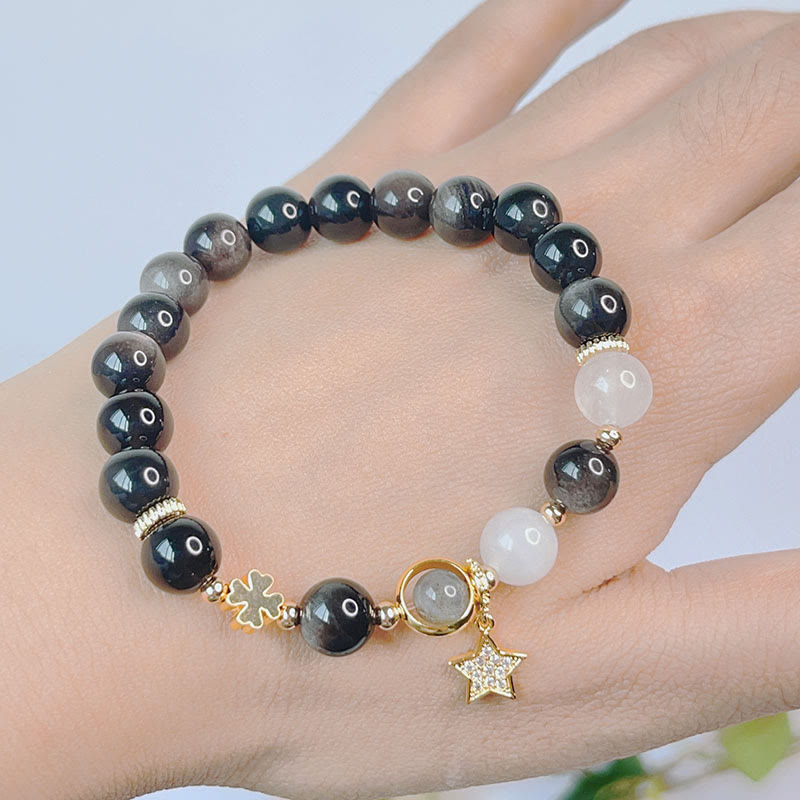Natural Silver Sheen Obsidian Love Heart Star Flower Protection Bracelet