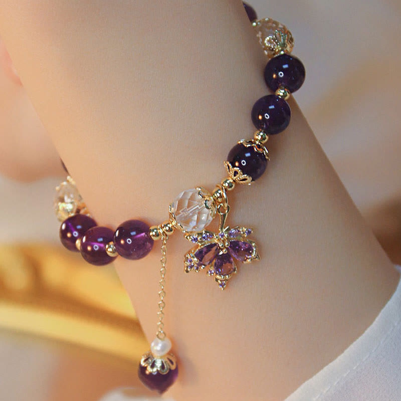 14k Gold Plated Natural Amethyst Maple Leaf Charm Bracelet