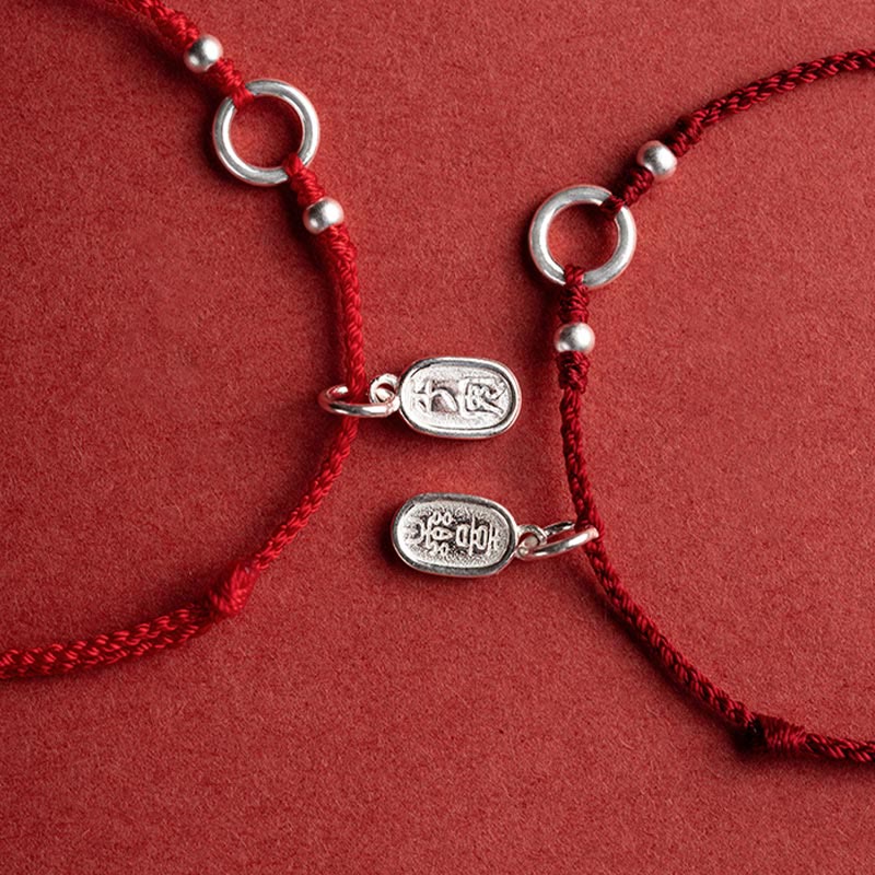 925 Sterling Silver Ping An Kou Lotus Red String Bracelet with Peace and Joy Charms