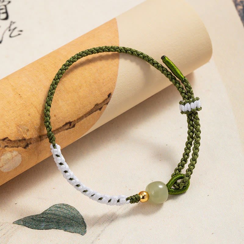 925 Sterling Silver Hetian Jade Bead Luck Braided Rope Bracelet