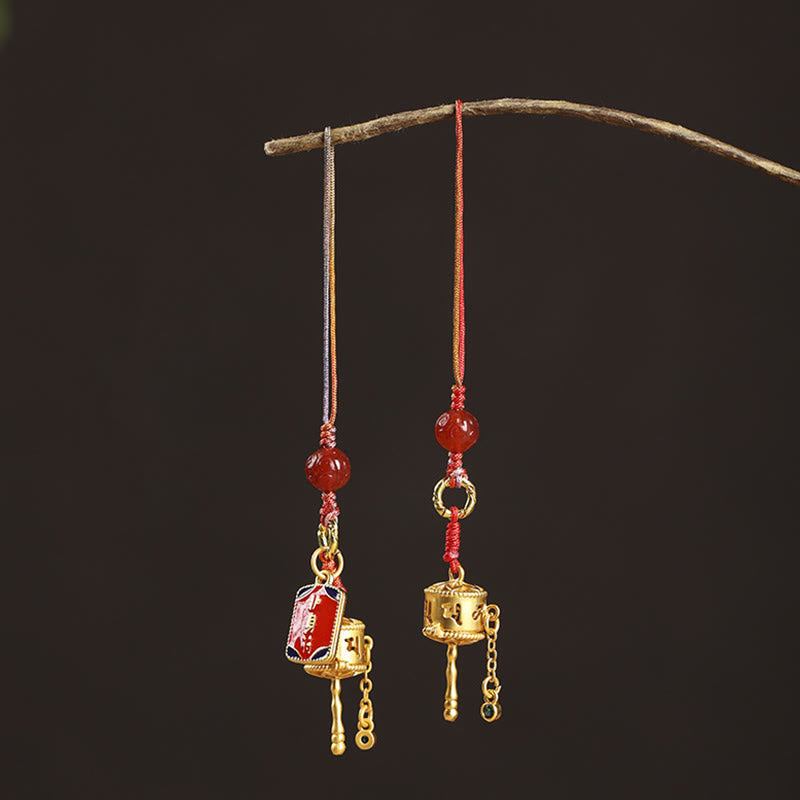 Tibetan Copper Om Mani Padme Hum Prayer Wheel & Red Agate Phone Charm