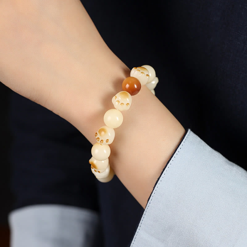 Natural Bodhi Seed Sandalwood Lucky Cute Cat Head Paw Claw Peace Bracelet