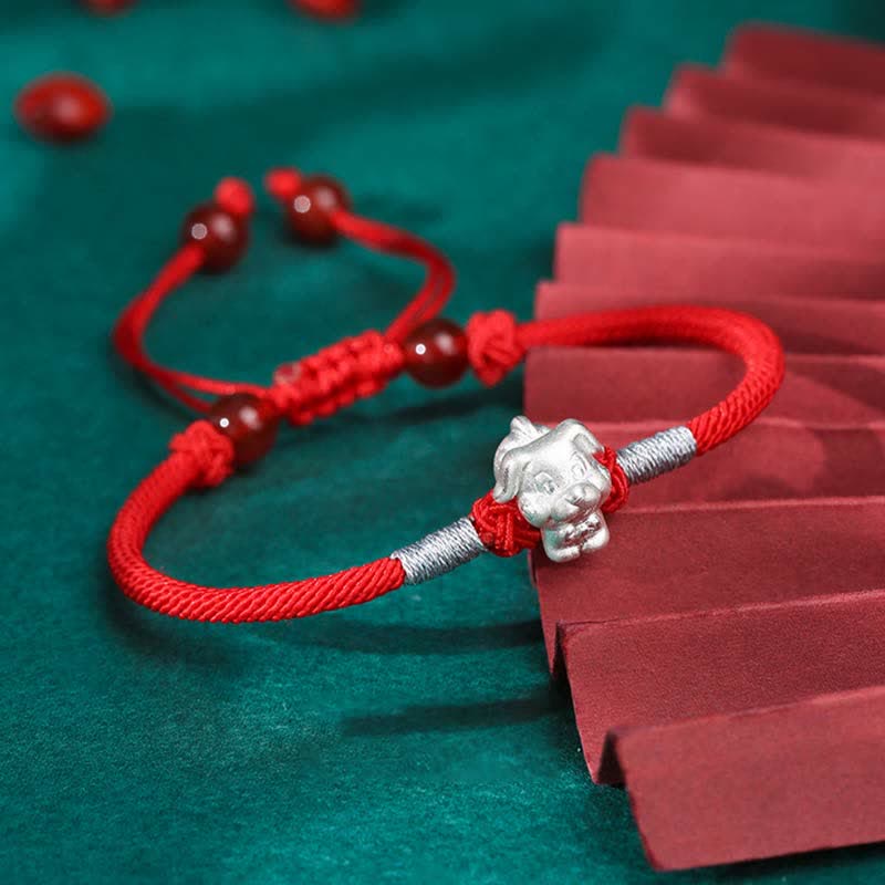 Handcrafted 999 Fine Silver Chinese Zodiac Red String Adjustable Bracelet